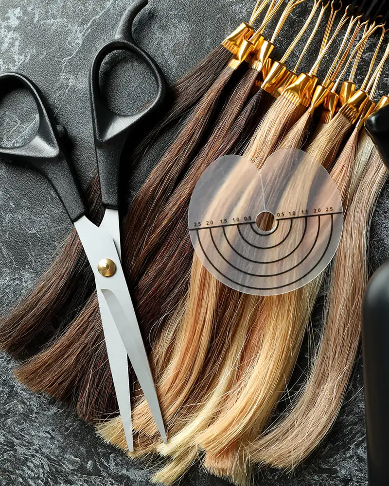 Hair extension samples in brown and blonde shades with salon scissors